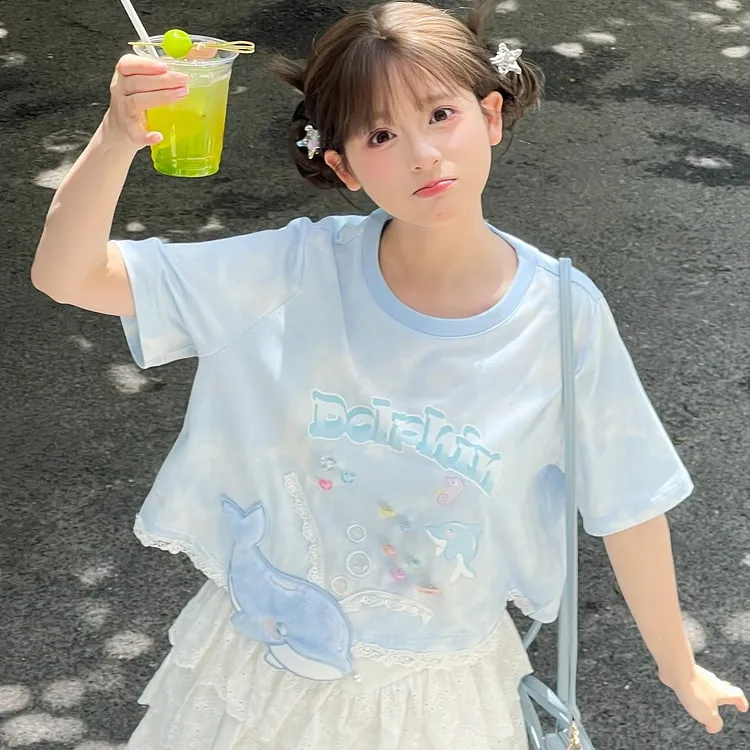 Summer Sweet Girl Style Blue Little Whale T-shirt