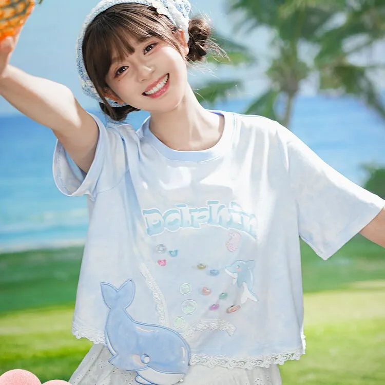 Summer Sweet Girl Style Blue Little Whale T-shirt
