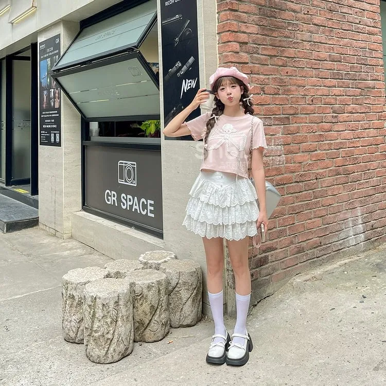Summer Sweet Girl Style Lace Bow T-shirt