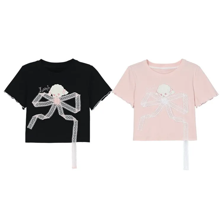 Summer Sweet Girl Style Lace Bow T-shirt