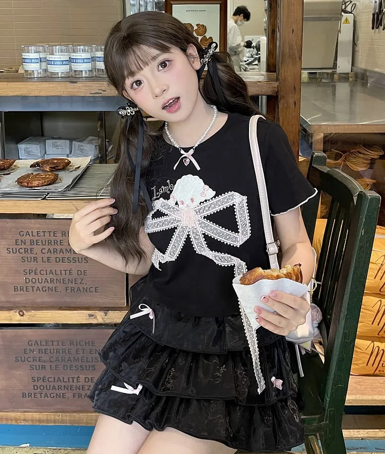 Summer Sweet Girl Style Lace Bow T-shirt