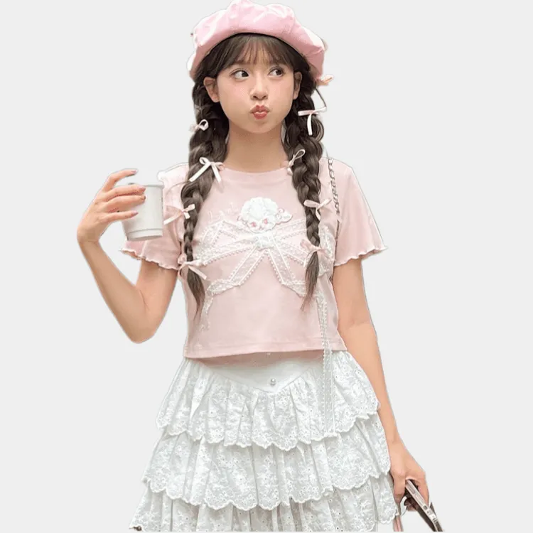 Summer Sweet Girl Style Lace Bow T-shirt