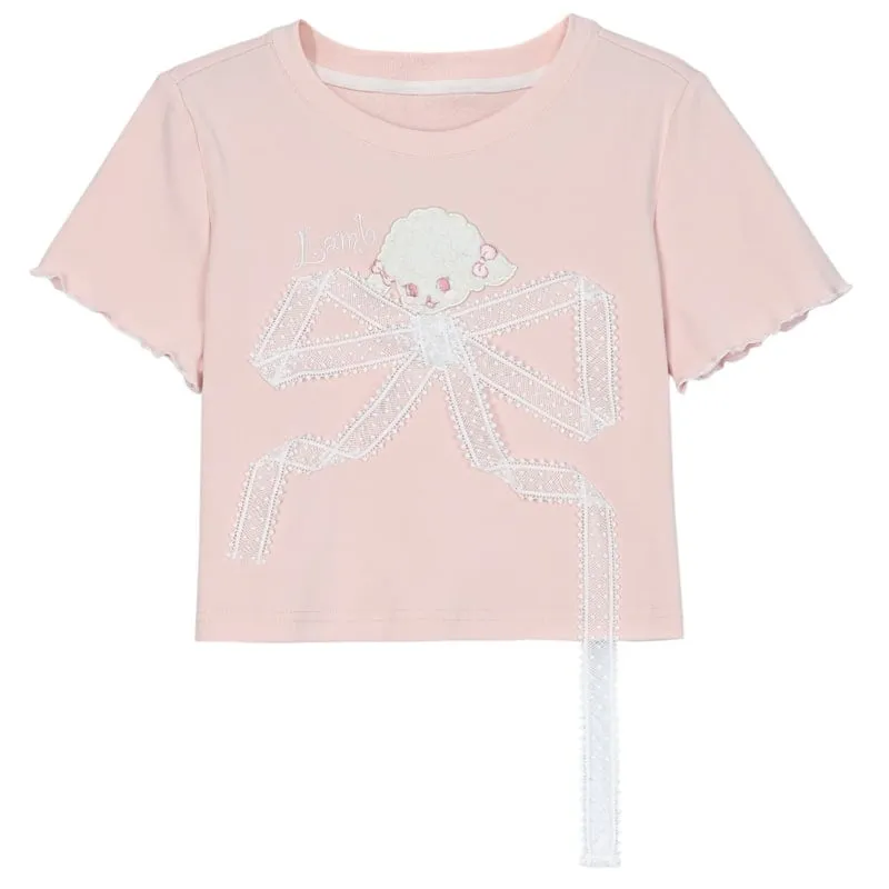 Summer Sweet Girl Style Lace Bow T-shirt