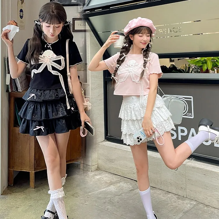 Summer Sweet Girl Style Lace Bow T-shirt
