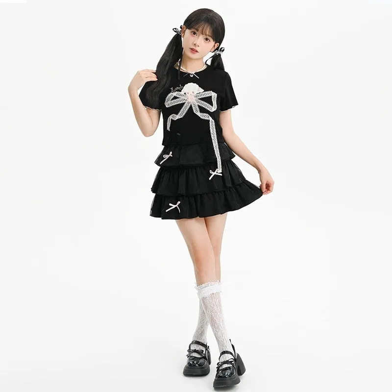 Summer Sweet Girl Style Lace Bow T-shirt