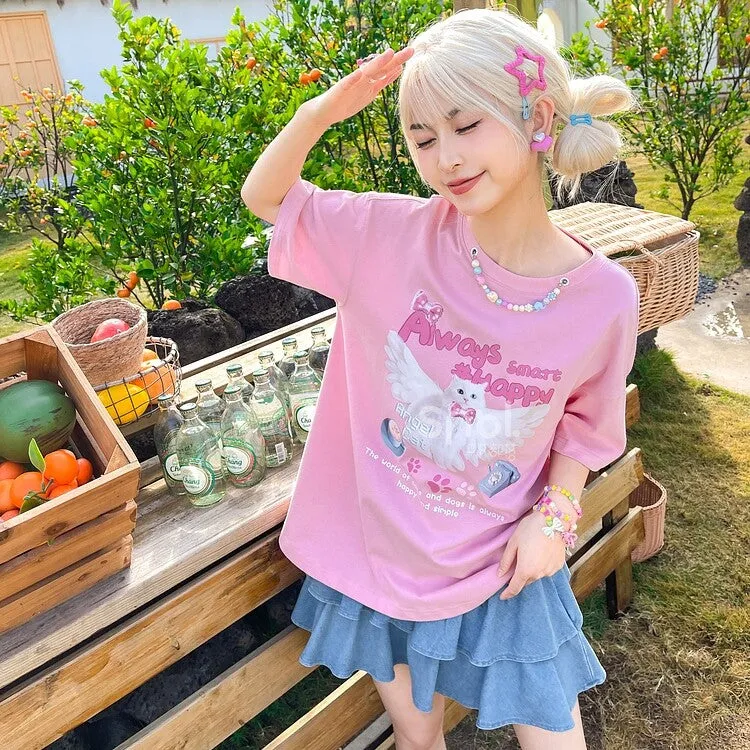 Sweet Dopamine Style Cartoon Angel Puppy Print T-shirt