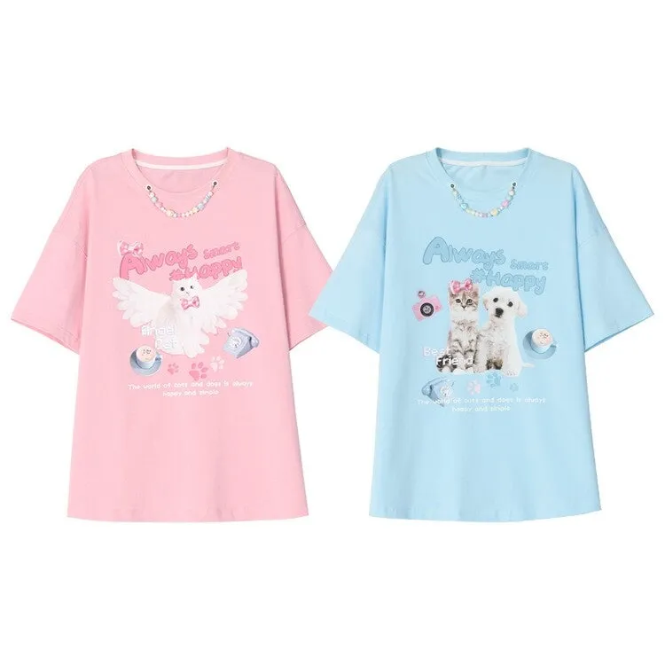 Sweet Dopamine Style Cartoon Angel Puppy Print T-shirt