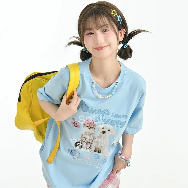 Sweet Dopamine Style Cartoon Angel Puppy Print T-shirt