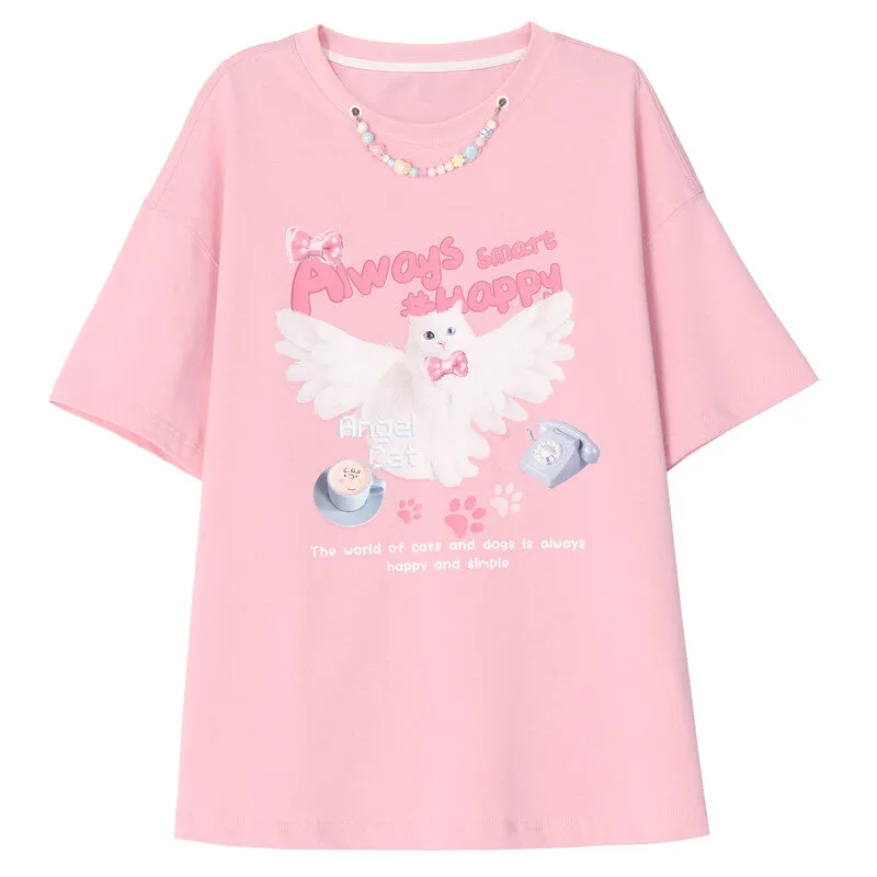 Sweet Dopamine Style Cartoon Angel Puppy Print T-shirt