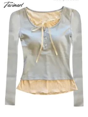 TAVIMART -  Women Vintage Ballet Core Fake Two Pieces T-Shirts Korean Fashion Tees Gyaru Mori Girl Tops Kpop 2000s Aesthetic Kawaii Tide Y2k