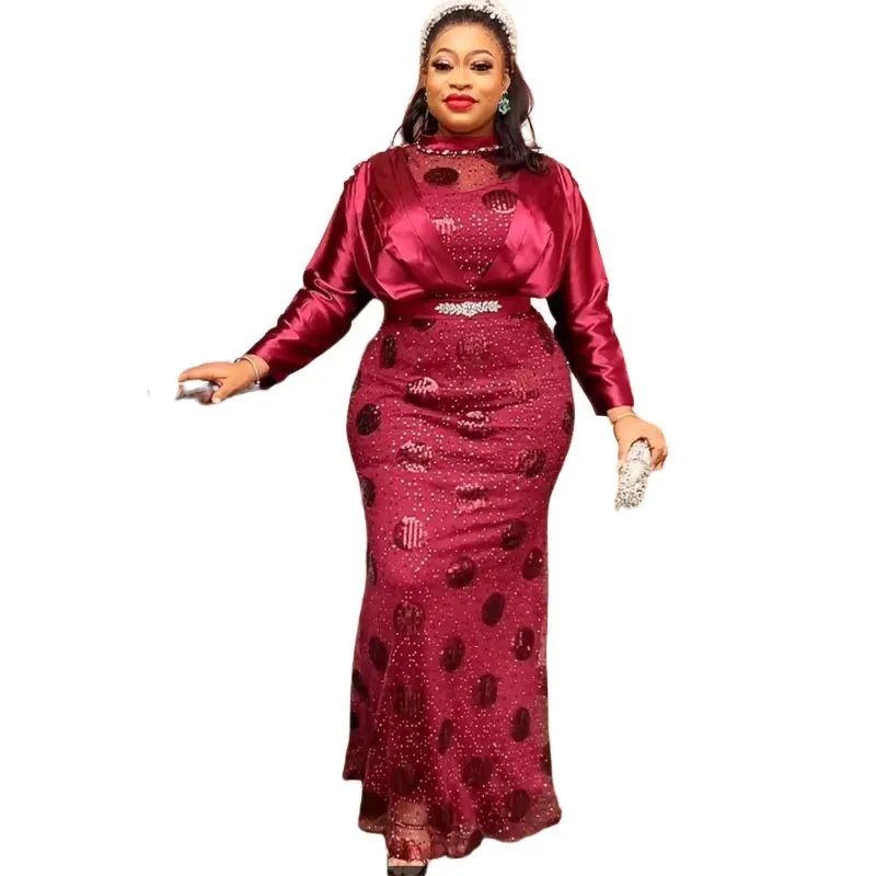 Women Plus Size Satin Evening Dresses Luxury Sequin Gown Bodycon Mermaid