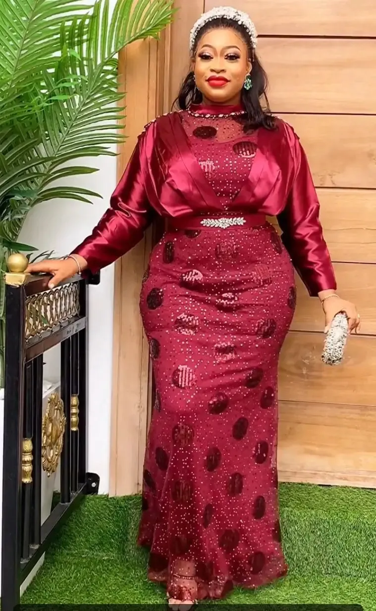 Women Plus Size Satin Evening Dresses Luxury Sequin Gown Bodycon Mermaid
