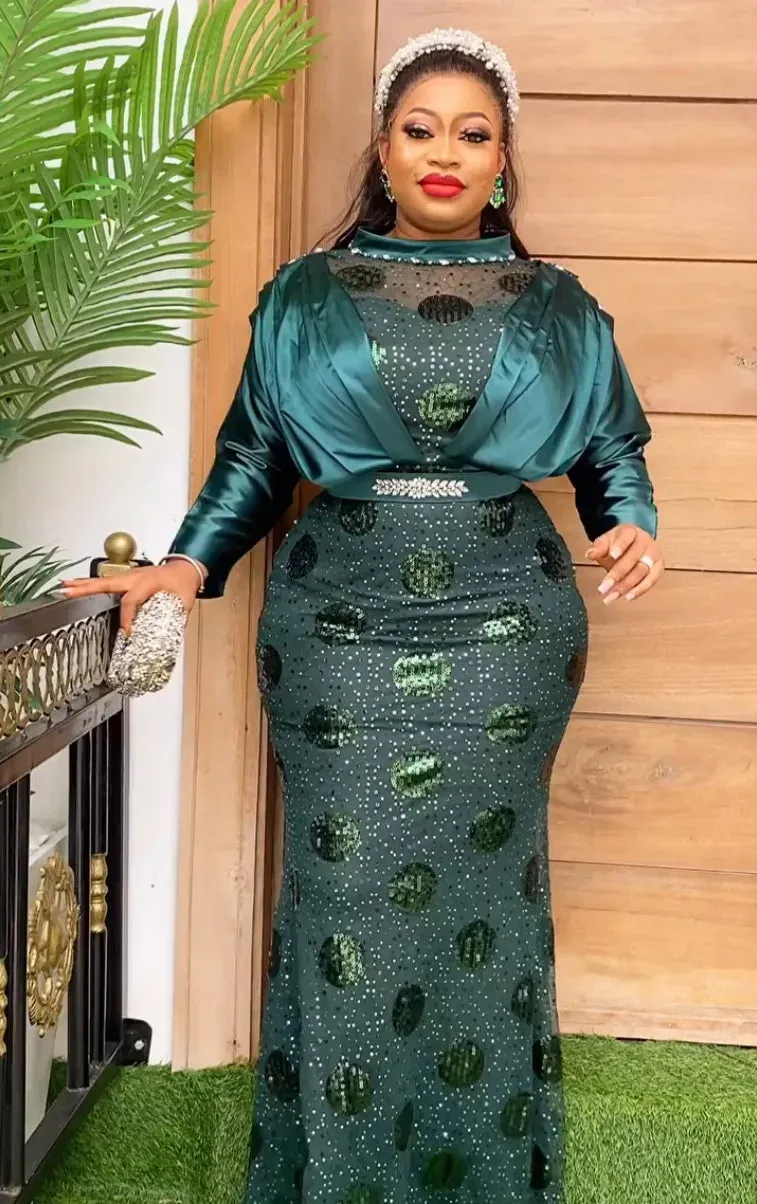 Women Plus Size Satin Evening Dresses Luxury Sequin Gown Bodycon Mermaid